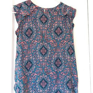 LOFT Retro 1970s Salmon and Turquoise Print Flutter Sleeve Blouse